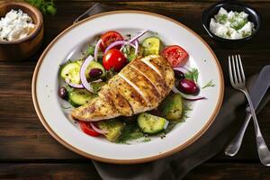 Seared chicken breast and Greek salad on a wooden table. Generative AI photo