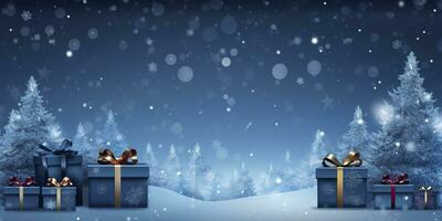 Merry Christmas and new year, gift boxes bokeh background. Christmas gifts background. AI Generated photo