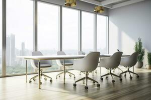 Perspective view on stylish white meeting table with golden legs and wheelchairs around on the wooden floor and white wall background. Generative AI photo