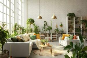 interior de vivo habitación con sofás, mesas, y plantas de interior ai generado foto