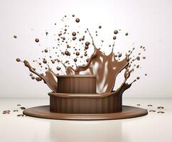 Chocolate splash with a podium, mockup background for milk product display, 3d. Generative AI photo