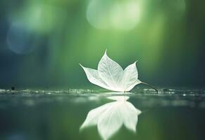 White transparent leaf on mirror surface with reflection on green background macro. Generative AI photo