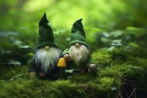 Toy Irish gnomes in a mystery forest, abstract green natural background. Generative AI photo