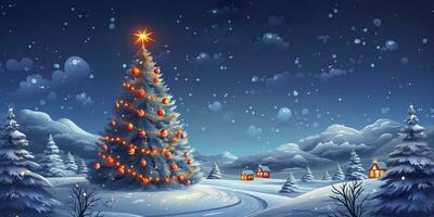 House with Christmas tree in winter for Merry Christmas and Happy New Year. AI Generated photo