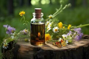 Glass Bottle of herbal essential extract, butterfly, and wildflowers on a tree stump. AI Generated photo