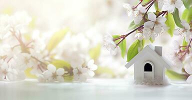 Toy house and cherry flowers, spring abstract natural background. Generative AI photo