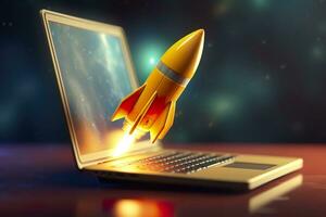 Launching a new product or service. Technology development process. Space rocket launch. 3d render. Yellow rocket lift up from the display laptop. AI Generative photo