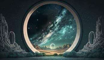 Portal to another world. Futuristic cosmic landscape with circle tunnel in starry sky. Generative AI photo