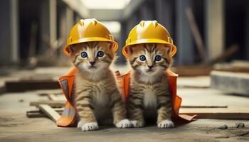 Two kittens wearing hard hats on a construction site. Generative AI photo