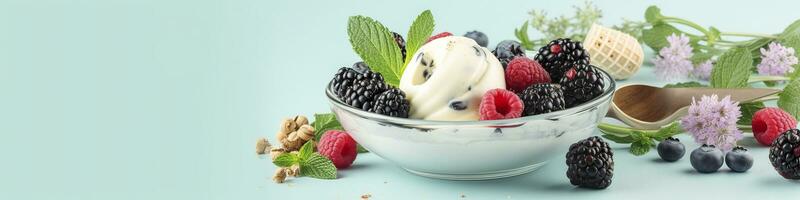 Scoops of Vanilla, mint leaves in a glass bowl, sprinkles, berries, and flowers. Generative AI photo