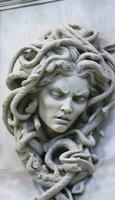 Portrait of cyborg medusa close up carved in marble. AI Generated photo