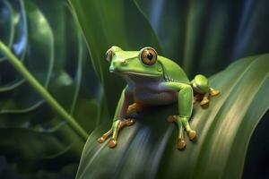 Tree Frog sitting on plant. AI Generated photo