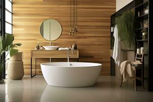 Interior of stylish bathroom with wooden cabinet, sink, bathtub, and mirror. AI Generated photo