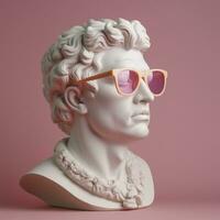 The head of a white mythological statue with fashionable pink glasses on his eyes, frame in profile. AI Generative photo