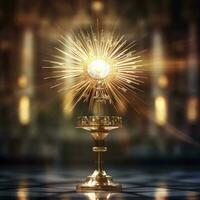 The golden monstrance with a little transparent crystal center, consecrated host. church defocused background. AI Generative photo