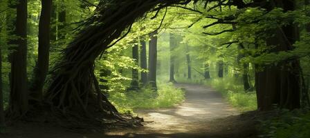 Natural archway shaped by branches in the forest. AI Generated photo