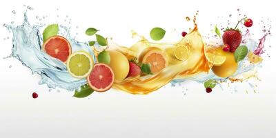 remolino agua chapoteo con frutas líquido fluir con hielo cubitos y un mezcla de Fresco frutas generativo ai foto