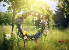 Rustic wildflowers wreath on a sunny meadow. Summer Solstice Day, Midsummer concept. Generative AI photo