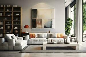 Modern living room with sofa and furniture. AI Generated photo