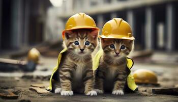 dos gatitos vistiendo difícil sombreros en un construcción sitio. generativo ai foto