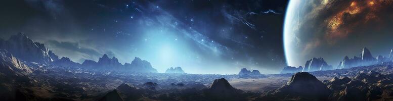 Panorama of distant planet system in space 3D rendering elements. Generative AI photo