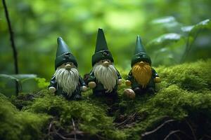 Toy Irish gnomes in a mystery forest, abstract green natural background. Generative AI photo