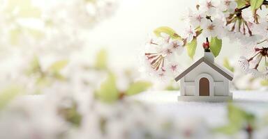 Toy house and cherry flowers, spring abstract natural background. Generative AI photo