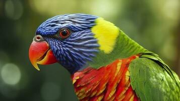 Side view Closeup of beautiful and colorful Lorikeet Green naped bird. Generative AI photo