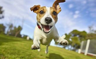 Jack Russel Parson Dog Run Toward The Camera Low Angle High Speed Shot. AI Generated photo