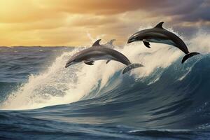 Playful dolphins jumping over breaking waves. Hawaii Pacific Ocean wildlife scenery. Generative AI photo