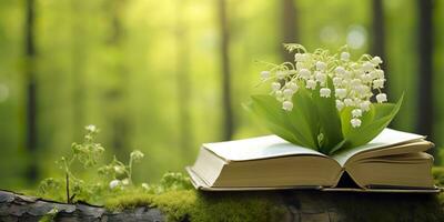 lirio de el Valle flores y antiguo libros en el bosque, verde natural antecedentes. ai generado foto