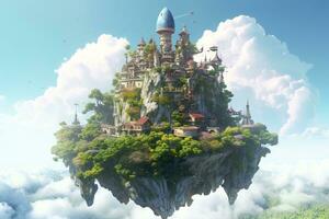 Ancient Heavenly Floating island in the sky with a castle, vibrant, fantasypunk, AI Generative photo