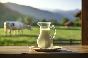 vaso lanzador con Fresco Leche en un de madera mesa. ai generado foto