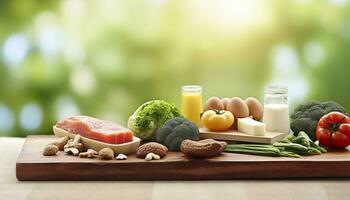 Closeup of vegetables, fruits, and meat on wooden table over green natural background. Generative AI photo