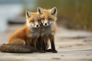 Wild baby red foxes cuddling at the beach. Generative AI photo