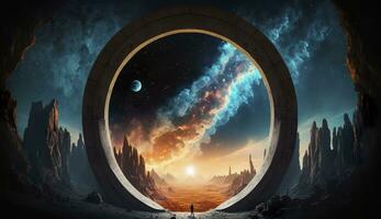 Portal to another world. Futuristic cosmic landscape with circle tunnel in starry sky. Generative AI photo