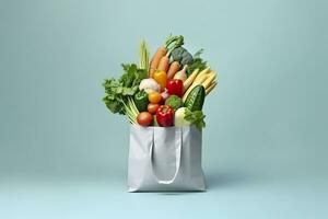 Grocery full bag. white shopping bag with vegetables in light blue background. Generative AI photo