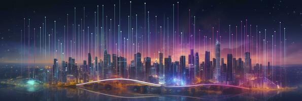 Smart city and abstract dot points connect with gradient lines and aesthetic Intricate wave line design, big data connection technology concept. AI Generated photo