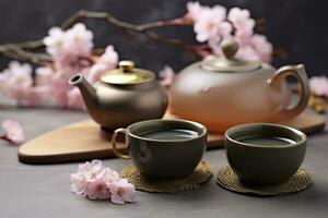 Traditional ceremony. Cups of brewed tea, teapot and sakura flowers on grey table. Generative AI photo
