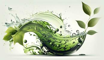 Green herbal tea wave splash with leaves flow. AI Generated photo