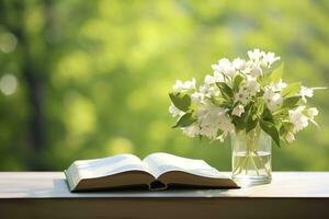 Jasmine flowers in a vase and open book on the table, green natural background. AI Generated photo