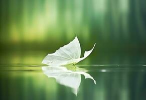 White transparent leaf on mirror surface with reflection on green background macro. Generative AI photo