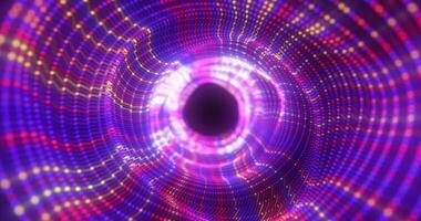 Abstract purple energy tunnel made of particles and a grid of high-tech lines with a glowing background effect photo