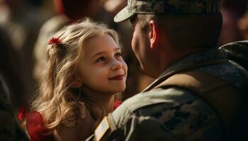 el cariñoso reunión de un militar padre con su joven hija lleno su familia con alegría como ellos llegó juntos, el enlace Entre padre y niño más fuerte que alguna vez. generativo ai foto