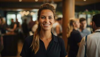 A happy waitress with a warm smile greets customers at the counter, providing excellent service and making them feel welcome. Generative Ai photo