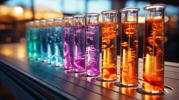 Multi-colored glass flasks and flasks with chemical test tubes in a scientific medical microbiological laboratory with research equipment photo