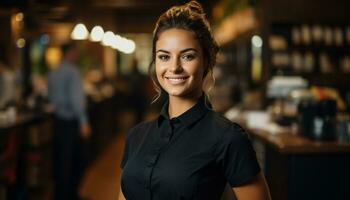 A happy waitress with a warm smile greets customers at the counter, providing excellent service and making them feel welcome. Generative Ai photo