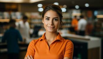 A happy waitress with a warm smile greets customers at the counter, providing excellent service and making them feel welcome. Generative Ai photo