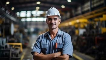 A male industrial engineer wearing a safety helmet and other protective equipment works carefully in a manufacturing factory, ensuring the safety and efficiency of operations. Generative Ai. photo