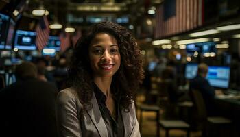 a woman in a business suit standing in front of a stock market,Generated Ai photo